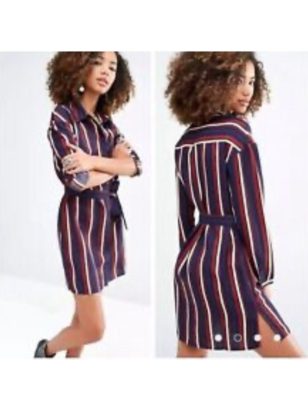 EL GANSO striped shirt dress tying belt navy blue red cream balloon sleeves lge